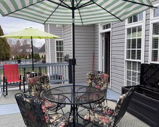 4-person wrought iron round table with 4 bouncing chairs. Umbrella with stand. Cushions and outdoor rug included.
