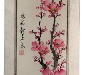 Pink Plum Blossoms Print 9.5" x 34" Asian Landscape Scroll Painting on Silk