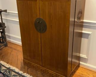One-of-a-kind- Custom-Handmade Solid Elm Wood “Prosperity & Longevity” Beijing China Mid-Century Modern Chinoiserie Dresser by Michael Taylor for Baker Furniture - Expandable Solid Wood Bar Cabinet with Wine Storage - 19” deep x 49” tall x 35” (closed) / 70” (open) wide