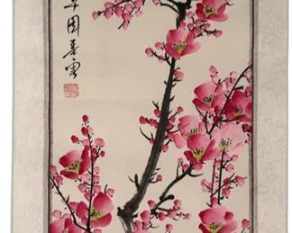 Pink Plum Blossoms Print 11.5" x 34" Asian Landscape Scroll Painting on Silk