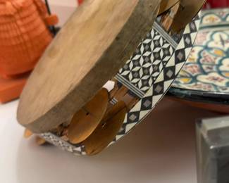 Handmade Inlaid Stone Tambourine Riq with Brass Jingles