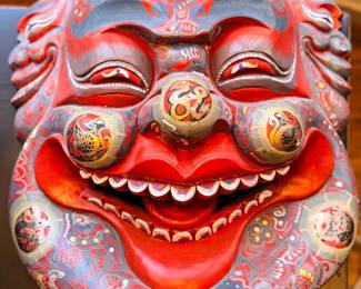 16" Chinese Laughing Buddha Festival Mask, Polychrome Wood