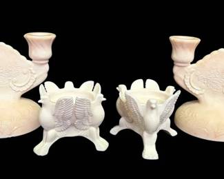 Jeanette Shell Pink Milk Glass Candlestick Holders