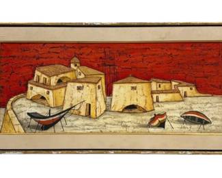 56 x28  Red Coastal Town Artwork By Pander Augustini