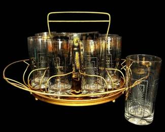 MCM Barware Set 9 Starburst Glasses, Ice Bucket, Caddy,  Serving Tray