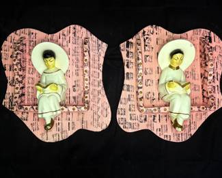 Matching Woman Reading On A Ledge Chalkware Wall Plaques