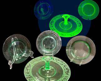 Deerwood Etched Uranium Glass Handled Tray Green Depression Glass Plates