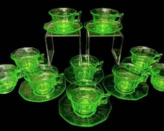 Cambridge Uranium Tea Cups And Saucers With Creamer And Sugar Bowl