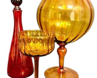 Empoli Amber Compotes And Red Crackle Glass Decanter
