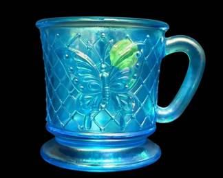 Blue Opalescent Fenton Fagca 1995 Butterfly Mug