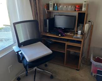 Office chair, computer desk, desktop computer with monitor