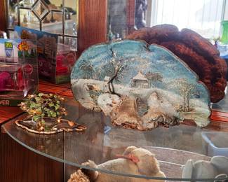 Gorgeous antique oil painting on burl wood log