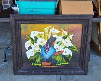Gorgeous Mexican oil painting in detailed wood frame