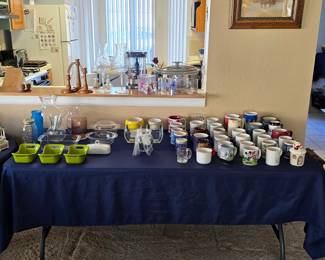 Pyrex glass bowls, coffee mugs, candle stick holders