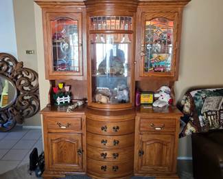 Gorgeous vintage oak hutch china cabinet with curved center section