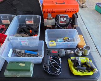 Bench grinder, power drill, screw gun, and other tools