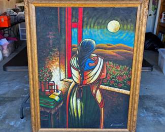 Vintage Mexican oil painting in gorgeous detailed wood frame by P. Steward