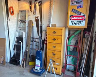 Ladders, saws, upright vacuum, gorgeous pine lingerie chest