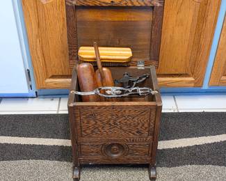 Gorgeous antique tiger oak shoe shine box with brushes and accessories