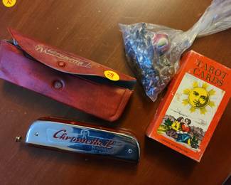 tarot cards, jacks toy, Hohner harmonica