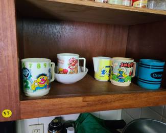 vintage children's cups, Smurfs, Strawberry Shortcake, more