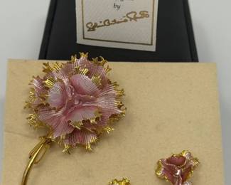108 VintagePinkCarnationBroochandPostEarringSetbyCerrito