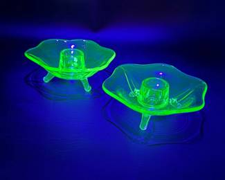 72 FentonLotus6PetalGreenUraniumGlass3FootedCandleholders