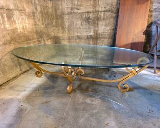 223 VintageHollywoodRegencyGlassTopGiltIronCoffeeTable