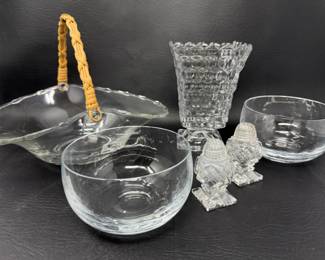 179 FostoriaGlassTallUrnGlassBasketBowlsSaltPepper