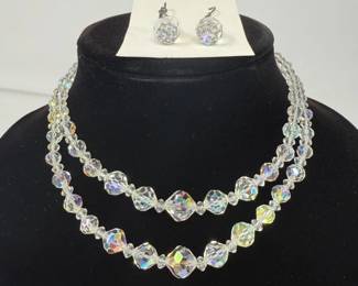 115 VintageAuroraBorealisFacetedCrystalNecklaceandEarringSet