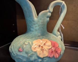 Weller Pottery, Delsa Blue Ewer, Pitcher, Decorated Pansies