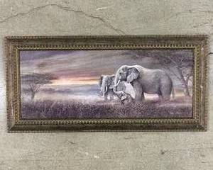 Framed Elephant Wildlife Print, African Savanna Scene with Ornate Gilt Frame