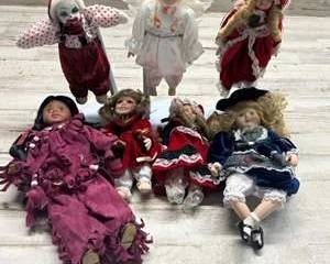 Porcelain Doll Lot of 7 Victorian Holiday Angel Clown Collector Dolls Display