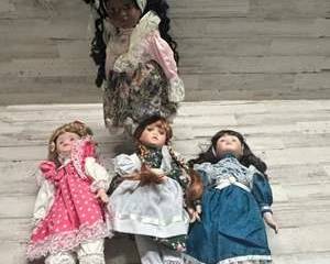 Porcelain Doll Lot of 4 Vintage Victorian Style Girls Lace Dresses Collector Dolls