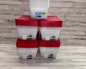 Sterilite Shoe Box Storage Containers Lot Clear Plastic Bins Red & White Lids Stackable
