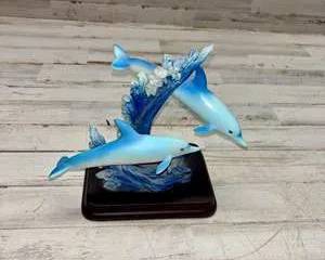 Vintage Dolphin Figurine Sculpture Double Dolphin Wave Ocean Nautical Resin Decor
