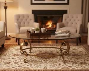 Oval Glass Top Coffee Table w/ Gilt Metal Scrollwork Base – Hollywood Regency Style – Estate Furniture