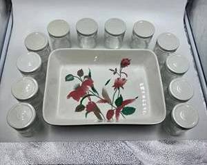 Mikasa Ultra Ceram Silk Flowers Bake Serve Dish with 12 Glass Storage Jars Lot