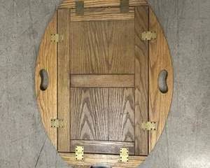 Vintage Solid Wood Folding Serving Tray Oval Shape With Cutout Handles Brass Hinges