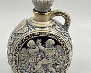  Vintage Japanese Ceramic Decanter Figural Relief Bottle Blue Gray Glaze Stopper