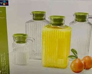 Luminarc Quadro Glass Refrigerator Pitcher Jug Set 4 Pieces Green Lids Juice Water