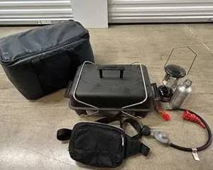 Camping Accessories Lot Including Portable Grill, Lantern, Cooler Bag, and Accessories