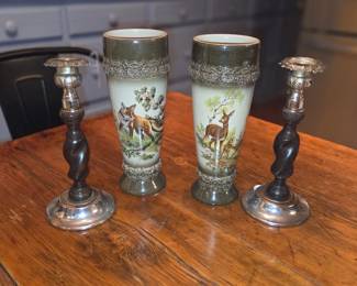 KING Earthware Made in Germany Deer and Fox Stein Barware. Barley twist candle sticks wood and silver tone metal