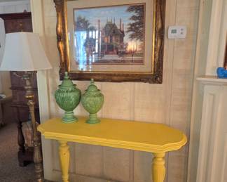 Vintage yellow painted accent table. Vintage green ceramic temple jars. (One has cracked lid)