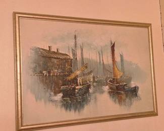 Signed P.G. Tiele Framed Canvas Oil Painting. Vintage Natical Sailboats Fishing Boats