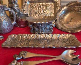 Arthur Court Pewter Bunny Rabbit serving trays bowl candle sticks pitcher pedestal serving dish/centerpiece salad tongs salad serving utensils picture frames