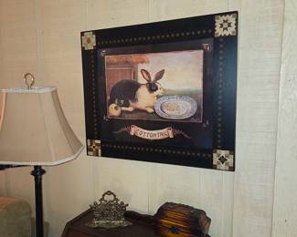 Mid Gordon Cottontail Rabbit Framed Print with Quilt Pattern Detailed Frame. Cottagecore Folk Art English Rabbit Art Print
