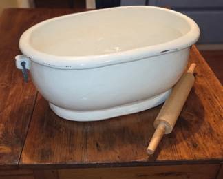 Pottery Barn Italian ceramic foot bath trough planter with metal hardware handles. Made in italy. Versitile kitchen country "bread box" storage
