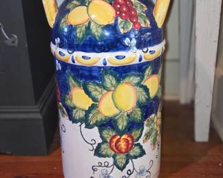 Vintage Italian Hand Painted Large Foor Vase/Planter/Umbrella Stand Blue and White Floral Lemons