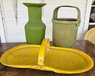 Vintage painted rattan oblong gathering basket / decorative table centerpiece. Large painted green tall woven floor vase and basket.